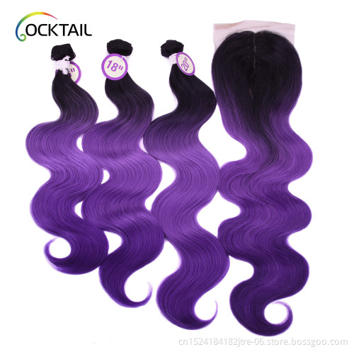 Synthetic Hair Bundles With Lace Closure  Body Wave Bundles Ombre Color Three Bundles with Closure 230g